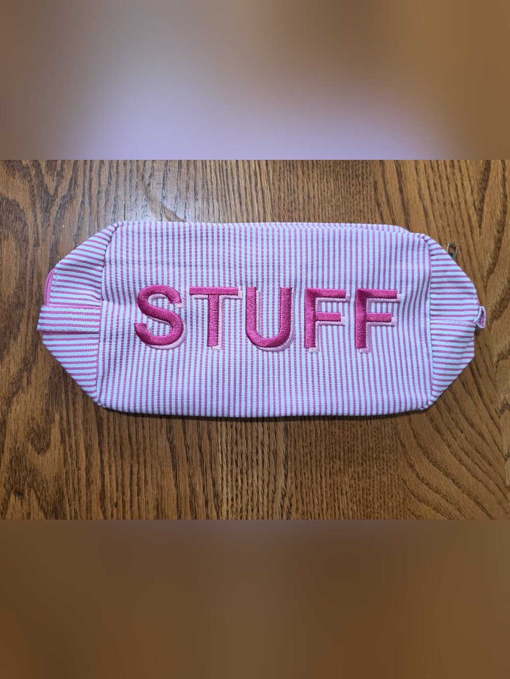 Pink Striped Bag with 'STUFF' Embroidery